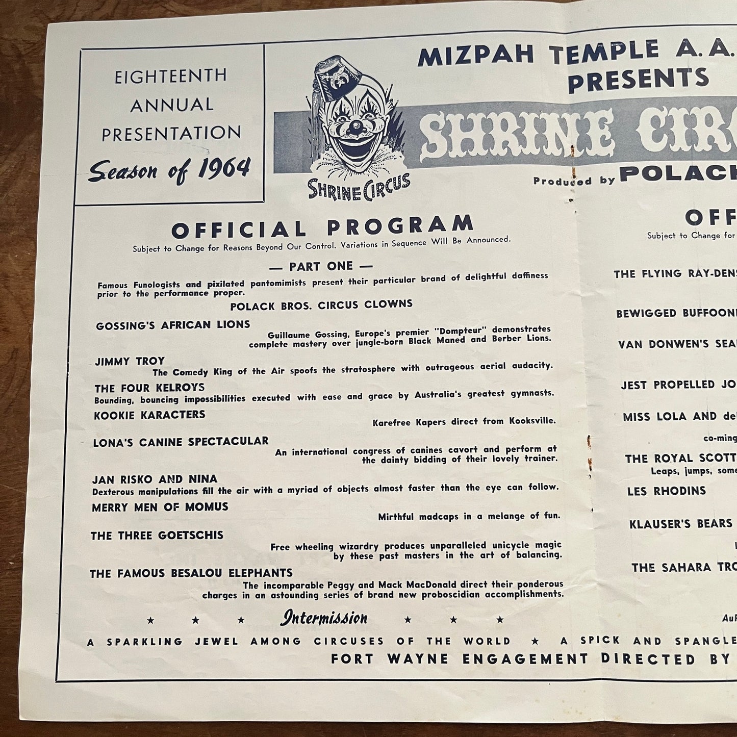 1964 Mizpah Temple Shrine Circus Official Program Ft Wayne Fold Out 1964 AG1-9