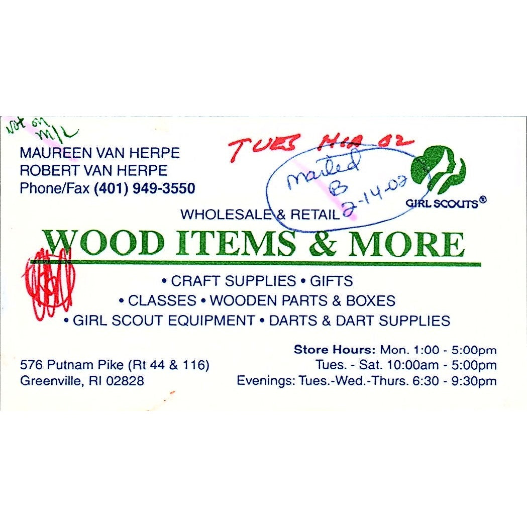 Wood Items & More Maureen & Robert Van Herpe Greenville RI Business Card SC9-B10