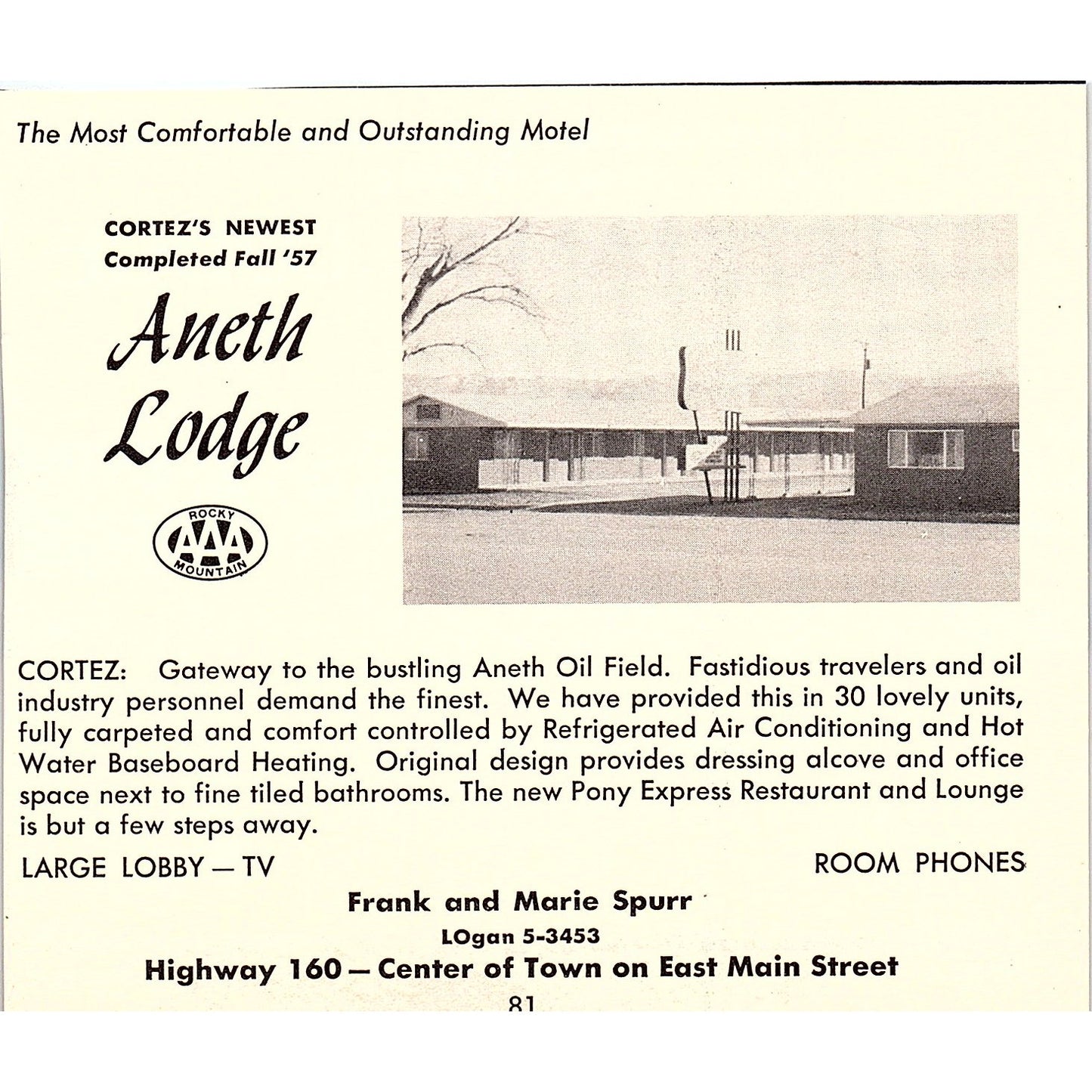 Tomahawk Lodge M.L. Stevens, Aneth Lodge Frank Spurr Cortez CO 1958 Ad AG1-H1