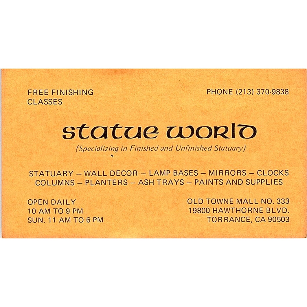 Statue World Old Town Mall 333 Torrance CA Vintage Business Card SD9-B5