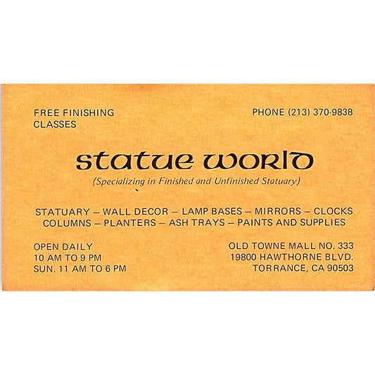 Statue World Old Town Mall 333 Torrance CA Vintage Business Card SD9-B5