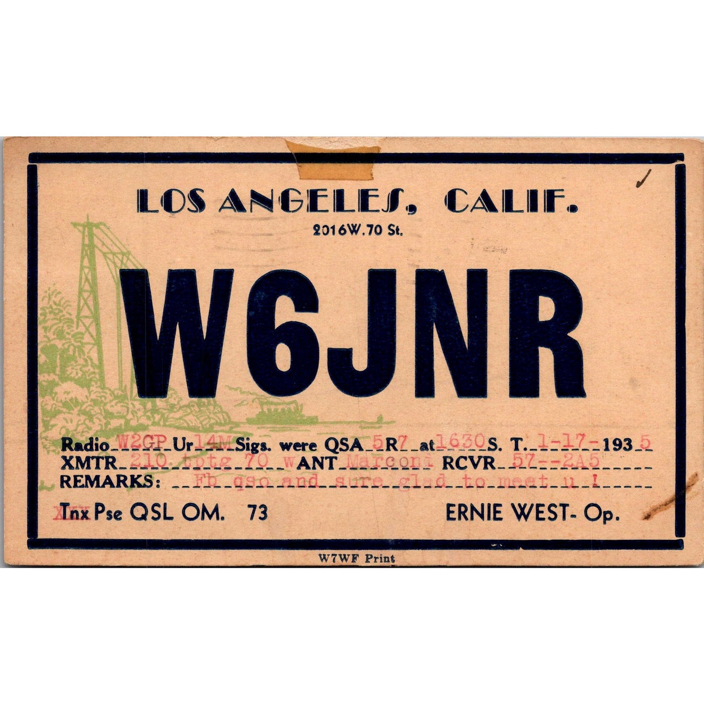 Ernie West Los Angeles California Vintage QSL Ham Radio Card AJ8-M22