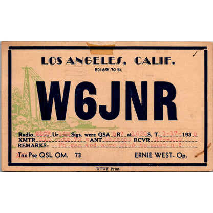 Ernie West Los Angeles California Vintage QSL Ham Radio Card AJ8-M22
