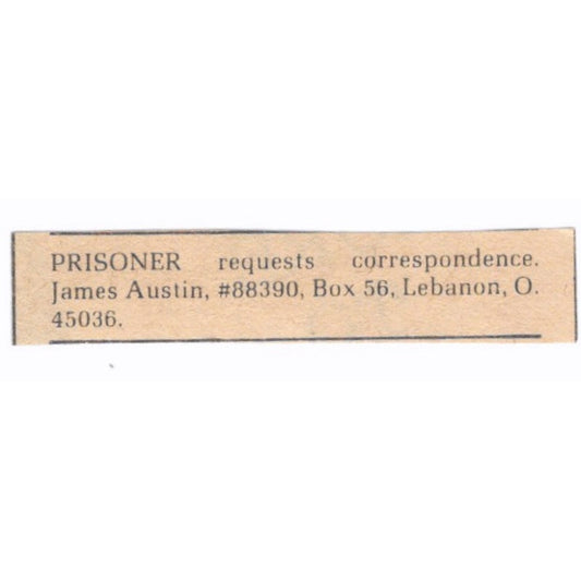 Prisoner Requests Correspondence James Austin Lebanon OH - 1/4x2 1974 Ad AF6-S5