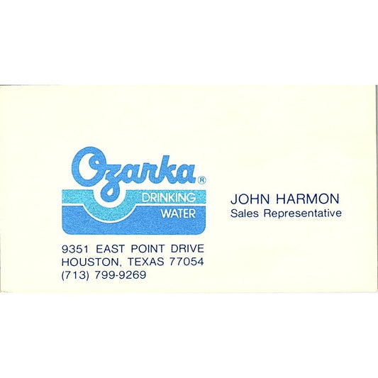 John Harmon Ozarka Drinking Water Houston TX Vintage Business Card SE5-B1