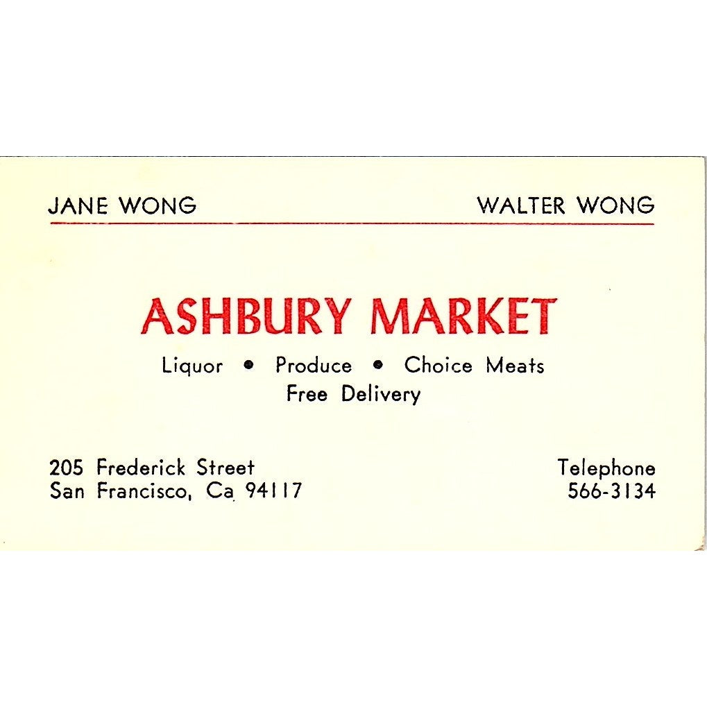 Jane & Walter Wong Ashbury Market San Francisco Vintage Business Card SD9-B10