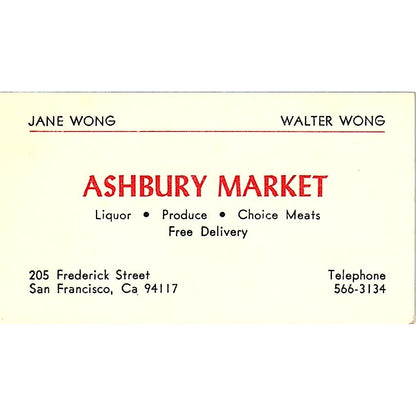Jane & Walter Wong Ashbury Market San Francisco Vintage Business Card SD9-B10