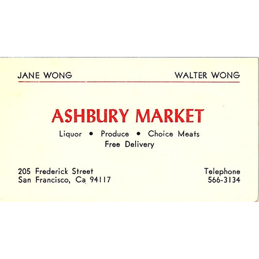 Jane & Walter Wong Ashbury Market San Francisco Vintage Business Card SD9-B10