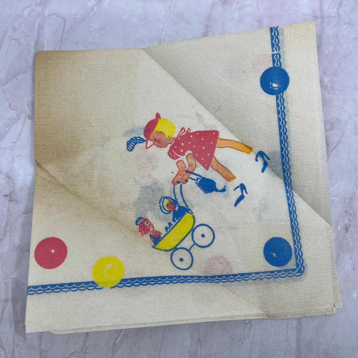 1940s Birthday Napkin Boy With Kite Girl Pushing Doll Stroller TA9-E2