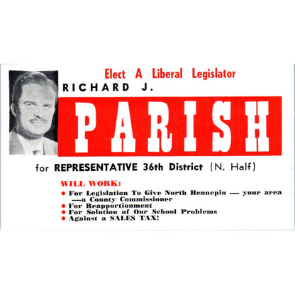 c1950 Richard J. Parish MN 36th District Representative Political Ad Card AE2