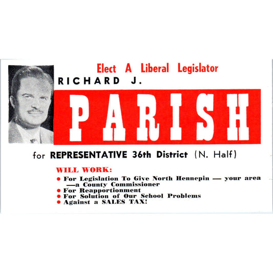 c1950 Richard J. Parish MN 36th District Representative Political Ad Card AE2