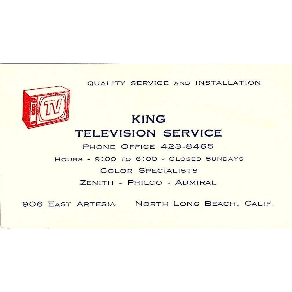 King Television Service North Long Beach CA Vintage Business Card SB4-B11
