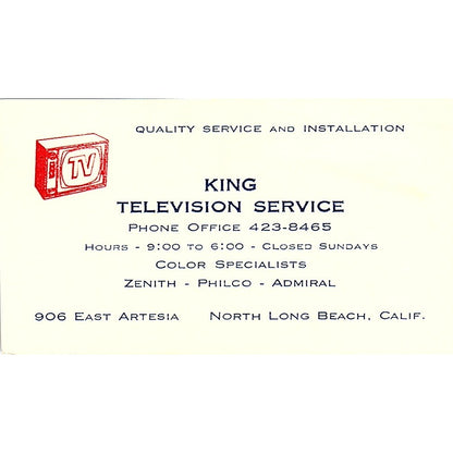 King Television Service North Long Beach CA Vintage Business Card SB4-B11