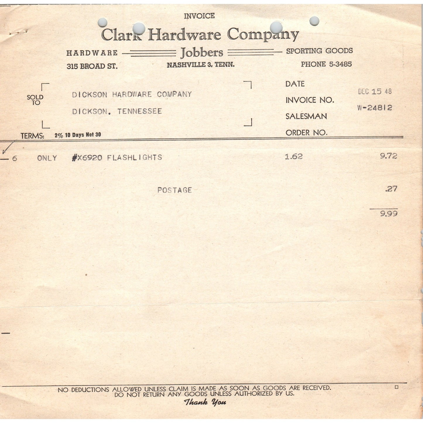 1948 Clark Hardware Co Jobbers Nashville Tennessee Letterhead Receipt D18