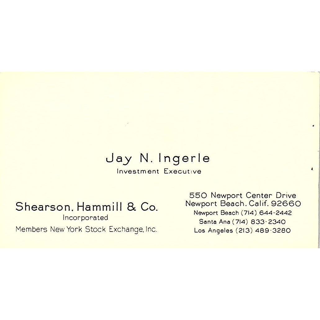Shearson Hammill & Co Jay N Ingerie Newport Beach Vintage Business Card SF3-B4