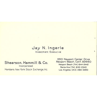 Shearson Hammill & Co Jay N Ingerie Newport Beach Vintage Business Card SF3-B4