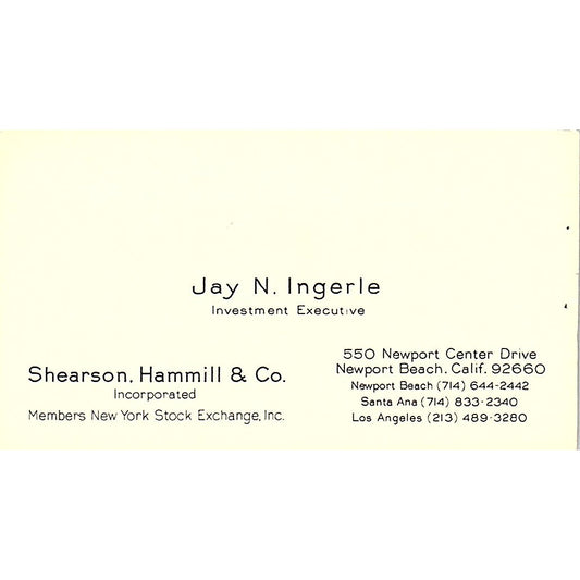 Shearson Hammill & Co Jay N Ingerie Newport Beach Vintage Business Card SF3-B4