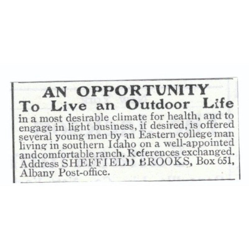 Outdoor Life Southern Idaho Sheffield Brooks 1903 Magazine Ad AF7-SS1