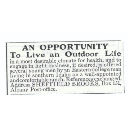 Outdoor Life Southern Idaho Sheffield Brooks 1903 Magazine Ad AF7-SS1