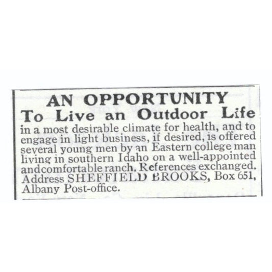 Outdoor Life Southern Idaho Sheffield Brooks 1903 Magazine Ad AF7-SS1
