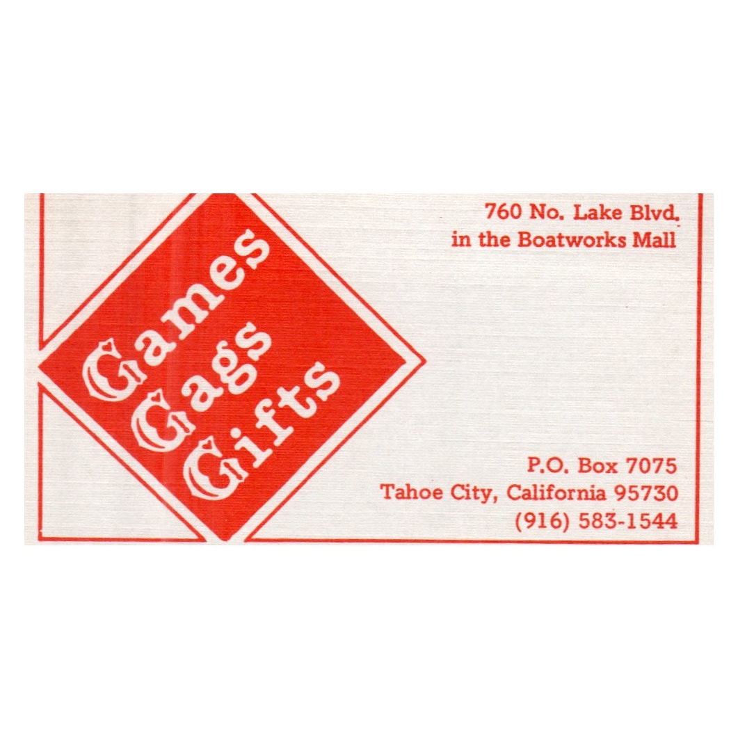 Games Gags Gifts Tahoe City CA Boatworks Mall Vintage Business Card SF3-B1