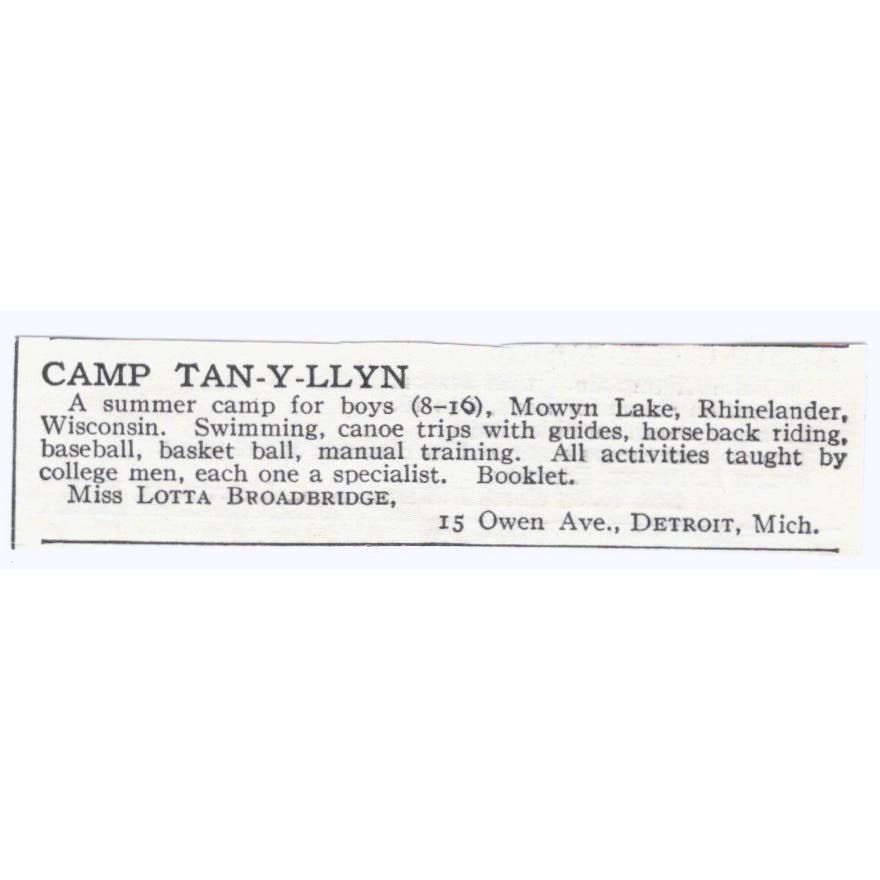 Camp Tan-y-llyn Lotta Broadbridge Detroit c1918 Original Advertisement AE5-SA8