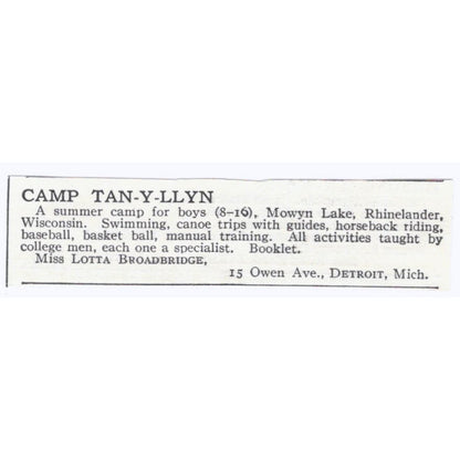 Camp Tan-y-llyn Lotta Broadbridge Detroit c1918 Original Advertisement AE5-SA8