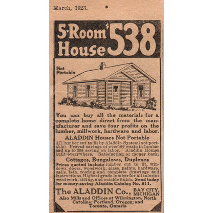 The Aladdin Co. Bay City MI 5 Room House 1923 Magazine Ad Clip AE1-4