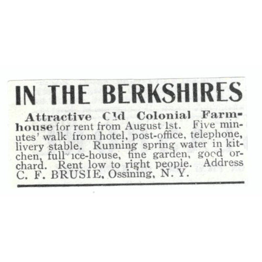 Colonial Farmhouse in the Berkshires C.F. Brusie Ossining NY c1918 Ad AE5-SV5