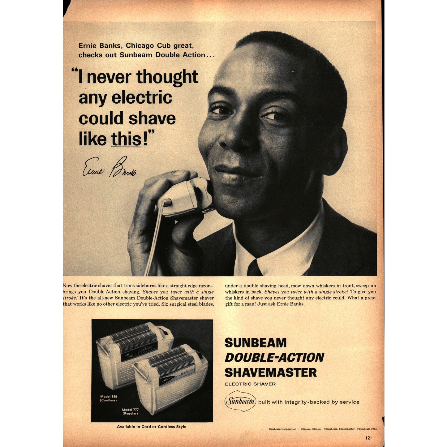 1965 Sunbeam Shaver Ernie Banks Chicago Cubs Baseball Magazine Ad 9.5x13" V1-1