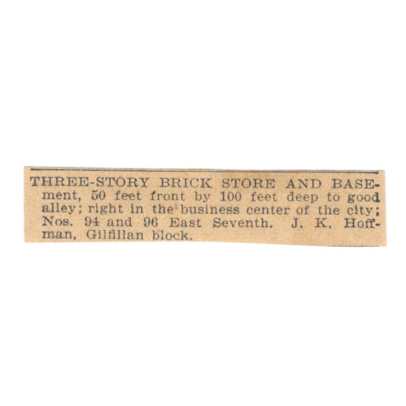 J.K. Hoffman 3 Story Brick Store East 7th Gilman St. Paul 1898 Newspaper AF2-S1