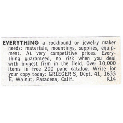 Grieger's Rockhound Lapidary Supply Pasadena CA 1964 Magazine Ad AB6-LJS7