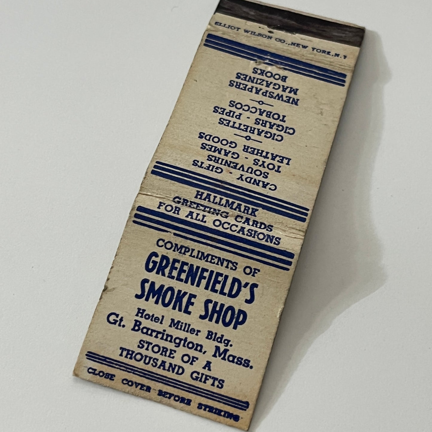 Greenfield's Smoke Shop Hotel Miller Great Barrington MA Matchbook TB6-MB1-12