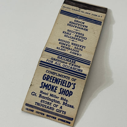 Greenfield's Smoke Shop Hotel Miller Great Barrington MA Matchbook TB6-MB1-12