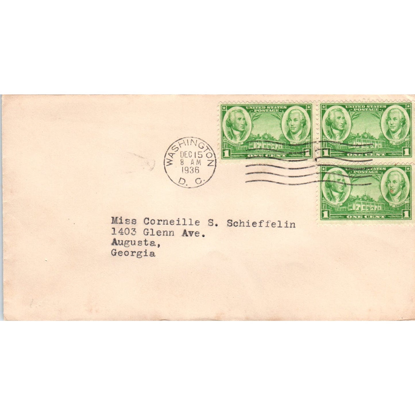 1936 Washington DC to Corneille S. Schieffelin Augusta GA Envelope AF1-RR4