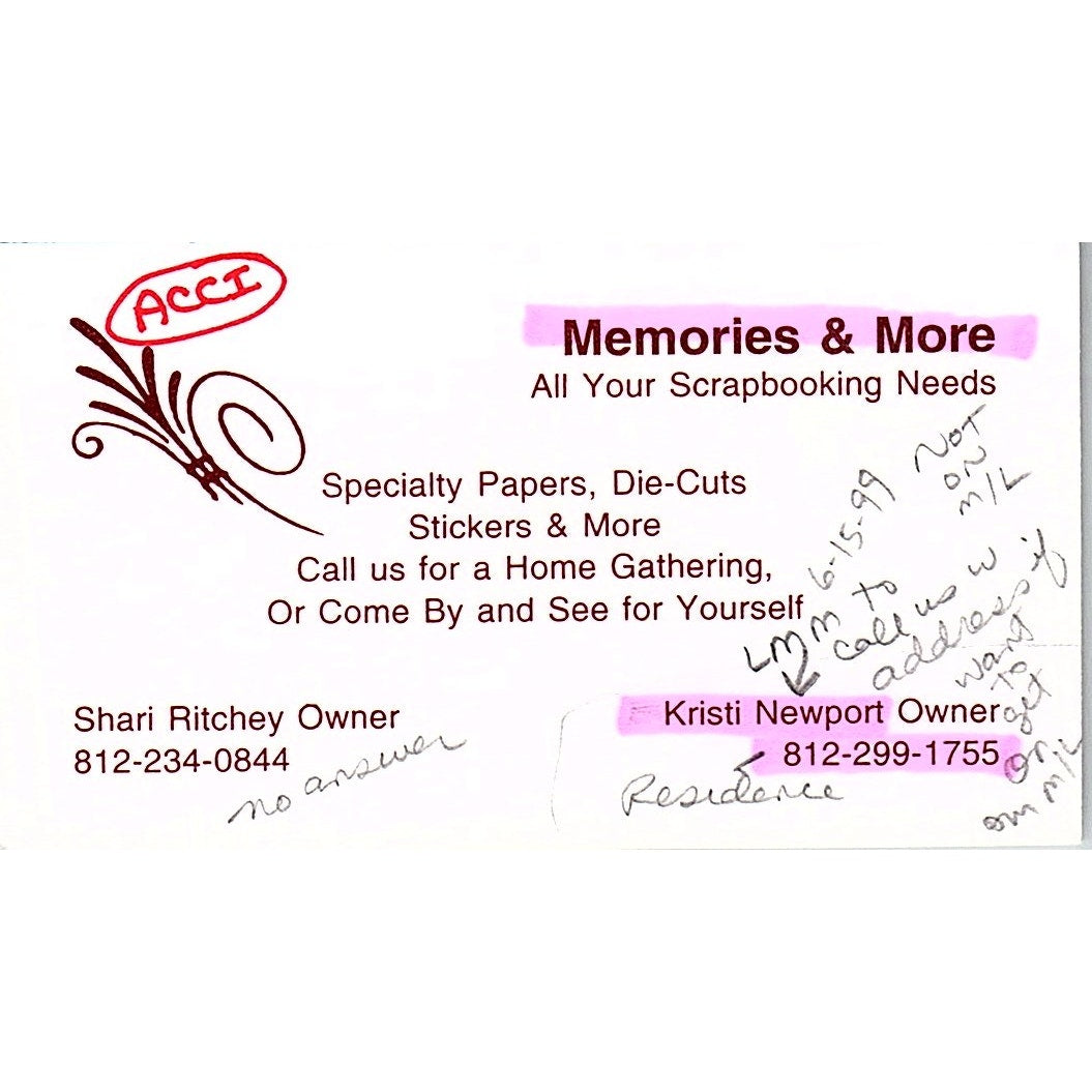 Memories & More Shari Ritchey Kristi Newport Terre Haute IN Business Card SC9-B9