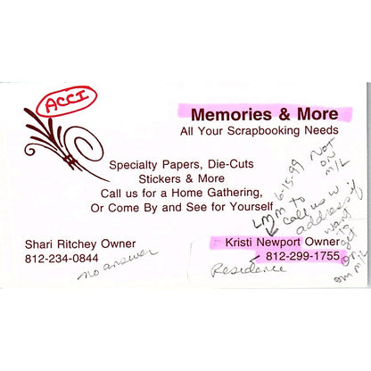 Memories & More Shari Ritchey Kristi Newport Terre Haute IN Business Card SC9-B9