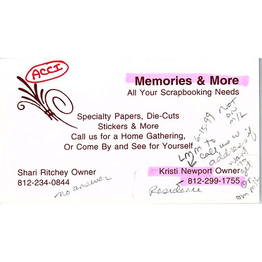 Memories & More Shari Ritchey Kristi Newport Terre Haute IN Business Card SC9-B9