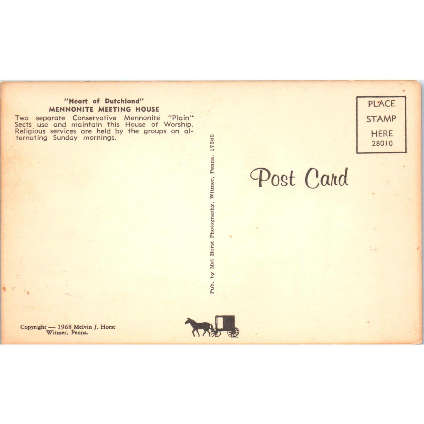 Mennonite Plain Sect House of Worship PA Dutch Country Vintage Postcard PD4