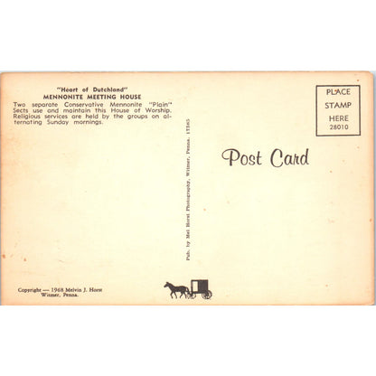 Mennonite Plain Sect House of Worship PA Dutch Country Vintage Postcard PD4