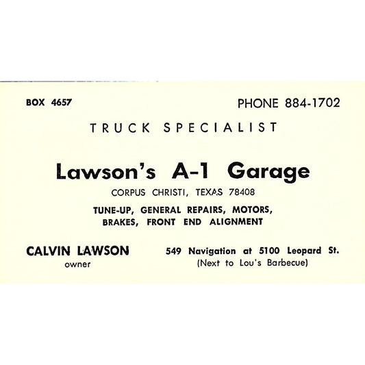 Calvin Lawson A-1 Garage Corpus Christi TX Vintage Business Card SE3-B13