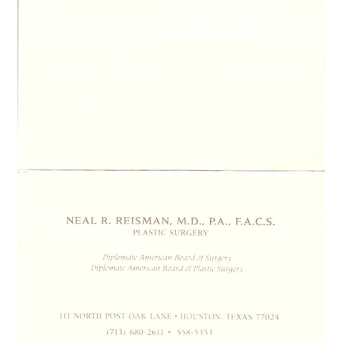 Plastic Surgery Neal R. Reisman  Houston TX, Vintage Business Card SB4-B2