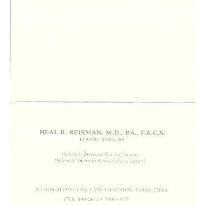 Plastic Surgery Neal R. Reisman  Houston TX, Vintage Business Card SB4-B2