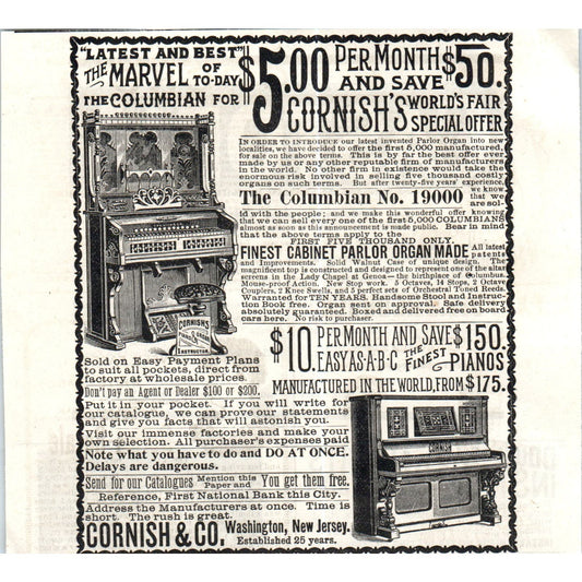 Columbian Piano Cornish's World's Fair Washington NJ c1890 Victorian Ad D11