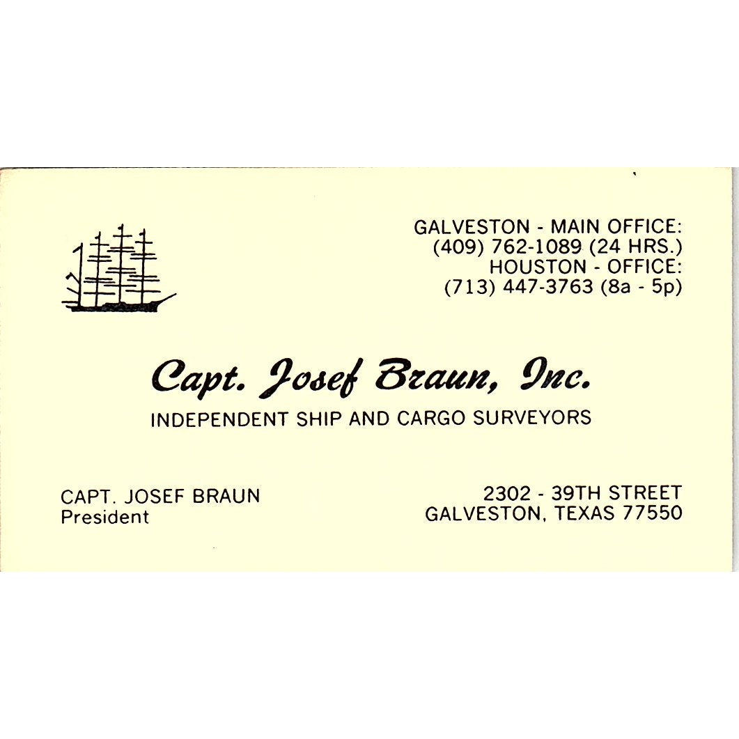 Capt Josef Braun Inc Galveston TX Vintage Business Card SD9-B13