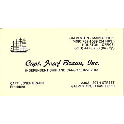 Capt Josef Braun Inc Galveston TX Vintage Business Card SD9-B13