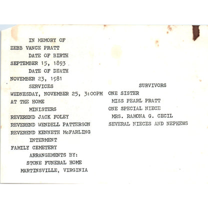 1981 Funeral Card Zebb Vance Pratt Martinsville Virginia AF1-RR2