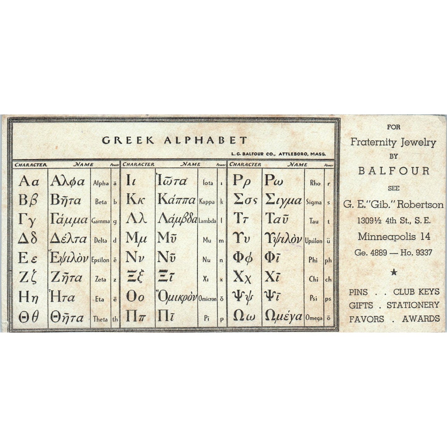 Vtg Balfour Fraternity Jewelry Minneapolis Greek Alphabet Blotter Card AE2