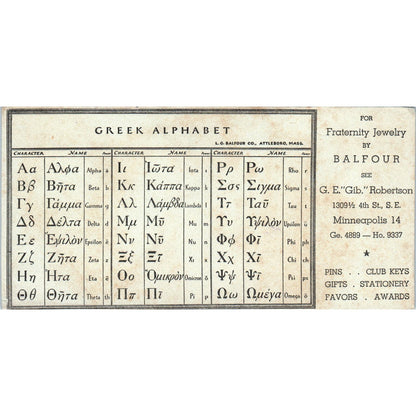 Vtg Balfour Fraternity Jewelry Minneapolis Greek Alphabet Blotter Card AE2