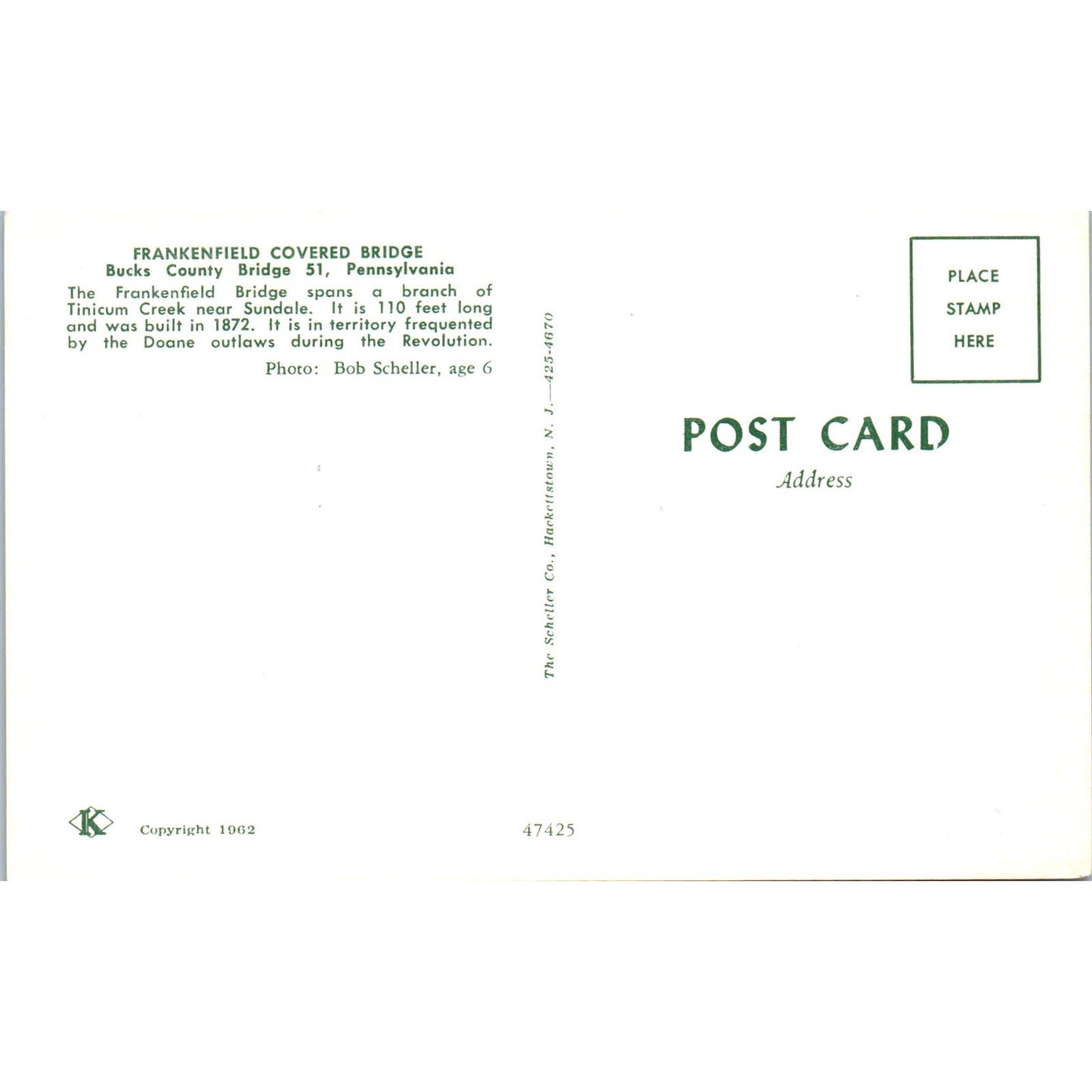 Frankenfield Covered Bridge Bucks County 51 PA Vintage Bridge Postcard PD3